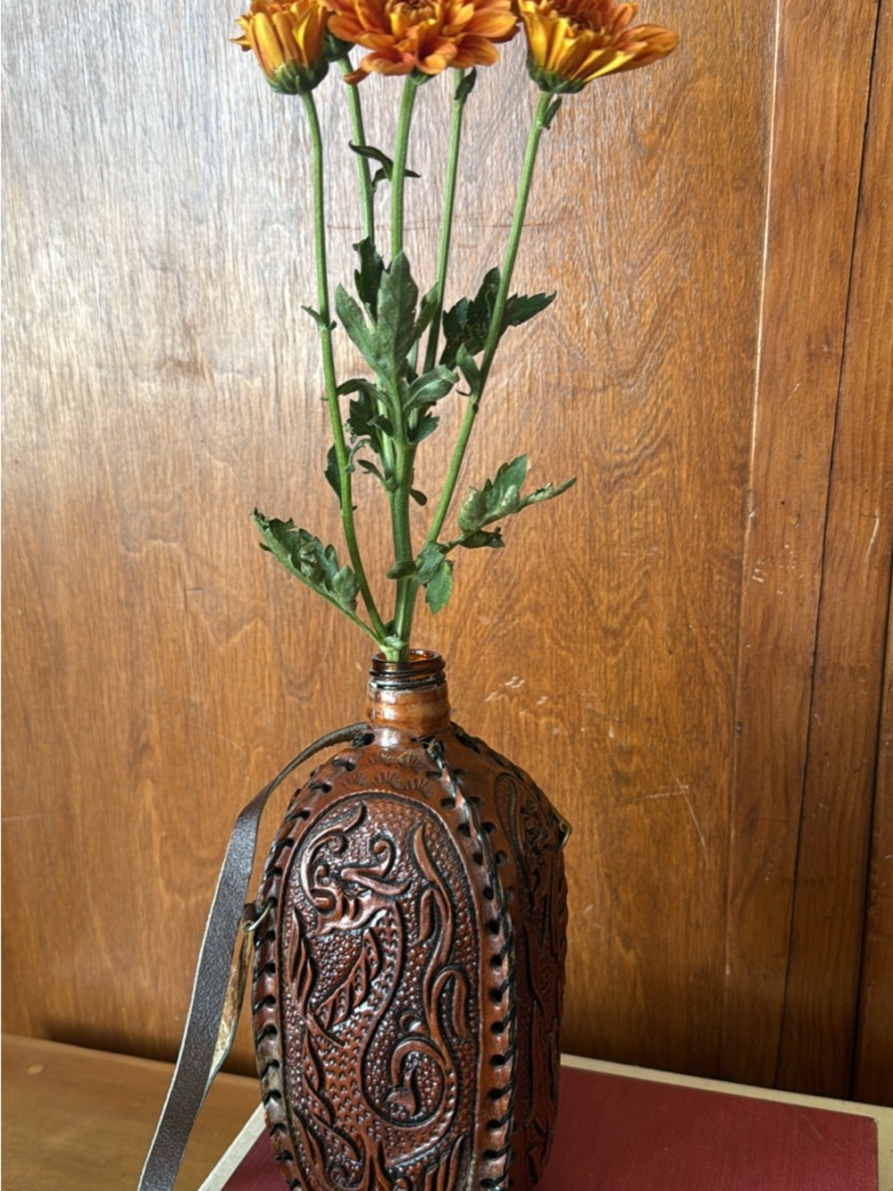 Handcrafted Brown Leather-Wrapped Decorative Vase - Brown, Leather Flask Canteen